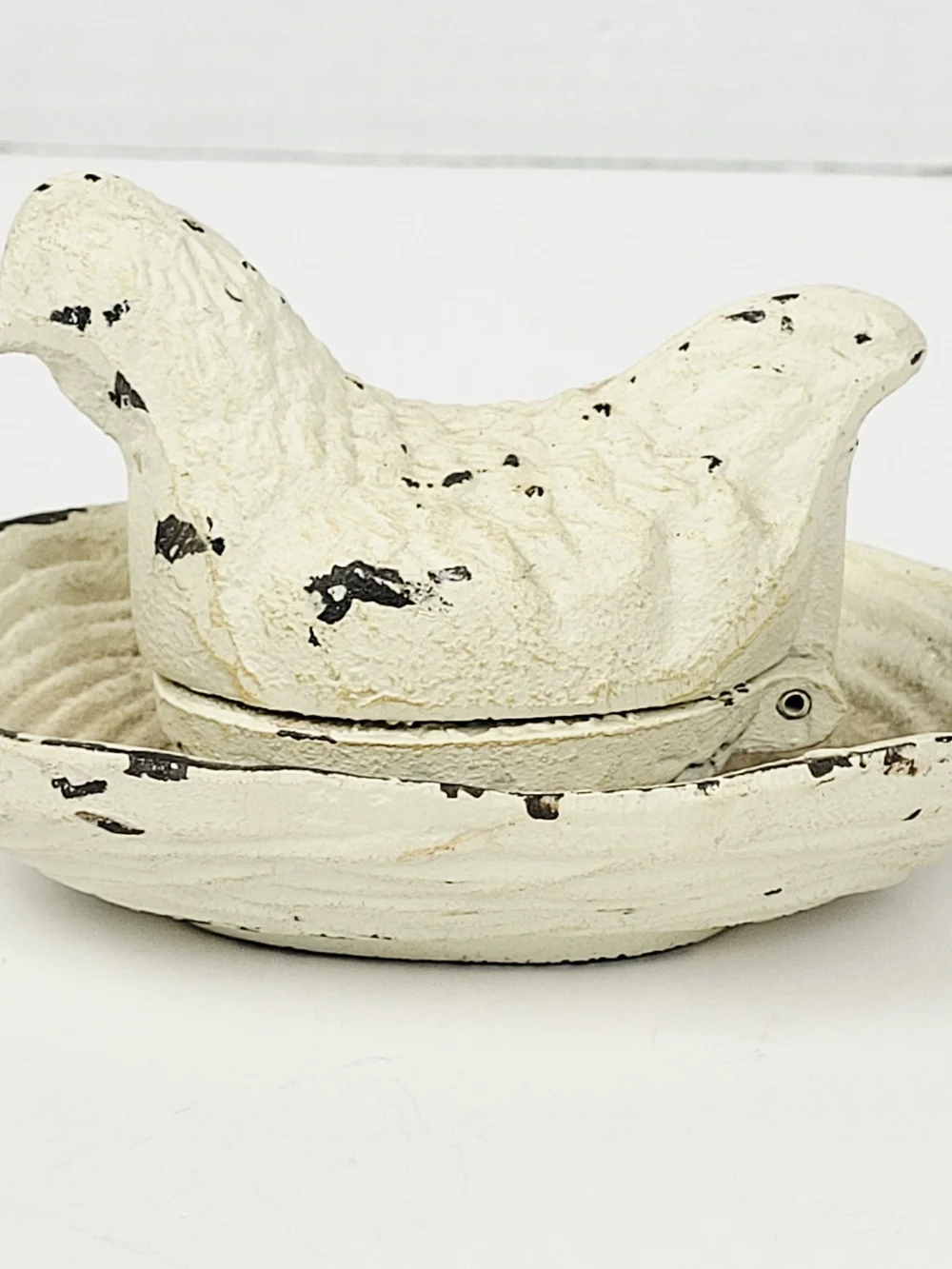 2~Vtg Cast Iron White Chicken/Hen Trinket Box~Blue Rooster~Rustic Farmcore